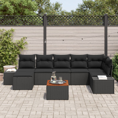 8 Piece Garden Sofa Set with Cushions Black Poly Rattan Acacia