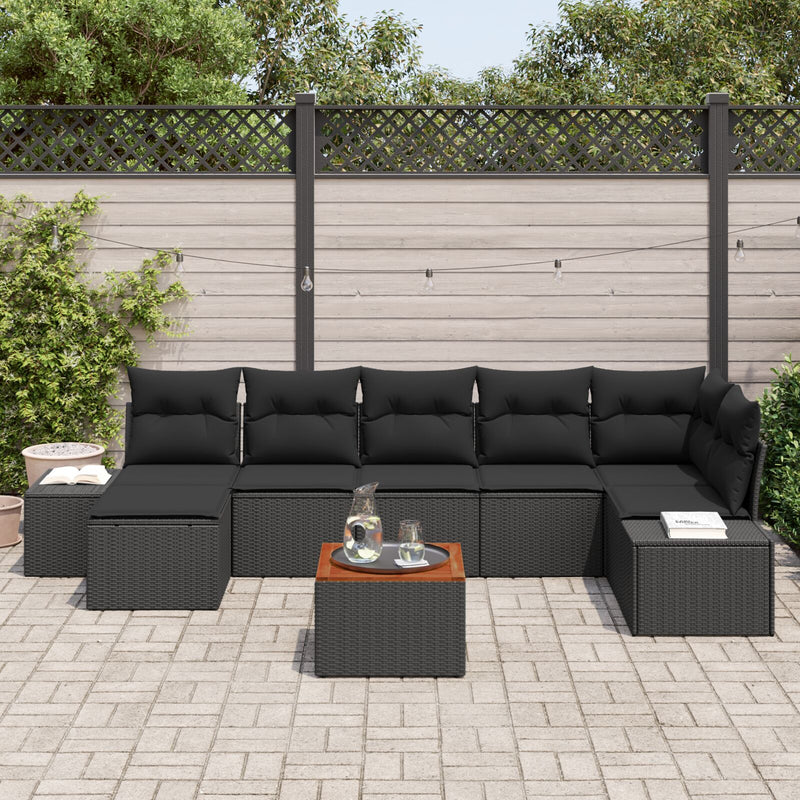 8 Piece Garden Sofa Set with Cushions Black Poly Rattan Acacia