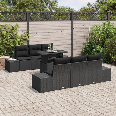 7 Piece Garden Sofa Set with Cushions Black Poly Rattan