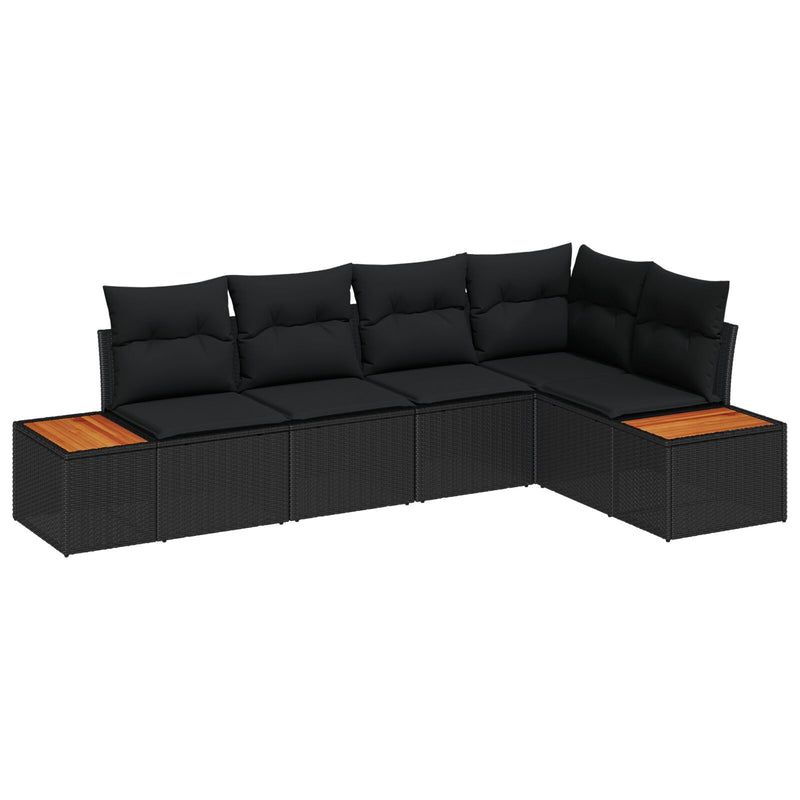 5 Piece Garden Sofa Set with Cushions Black Poly Rattan Acacia
