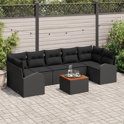 8 Piece Garden Sofa Set with Cushions Black Poly Rattan Acacia