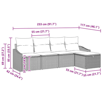 5 Piece Garden Sofa Set with Cushions Black Poly Rattan