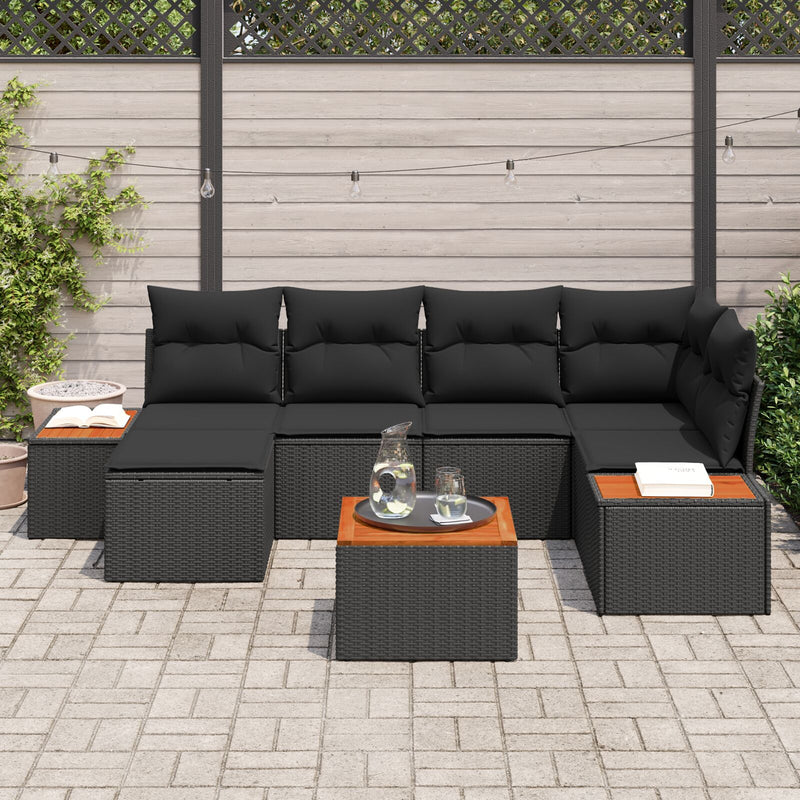 7 Piece Garden Sofa Set with Cushions Black Poly Rattan Acacia