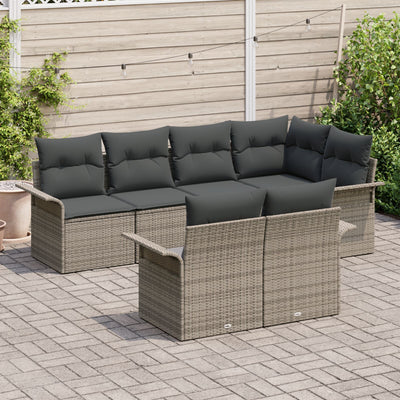 7 Piece Garden Sofa Set with Cushions Grey Poly Rattan