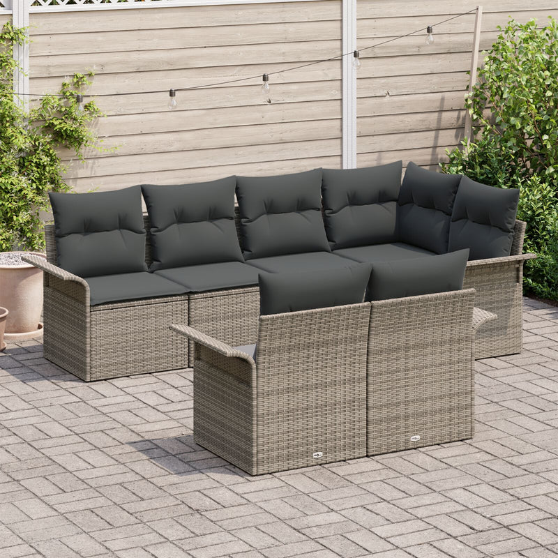 7 Piece Garden Sofa Set with Cushions Grey Poly Rattan