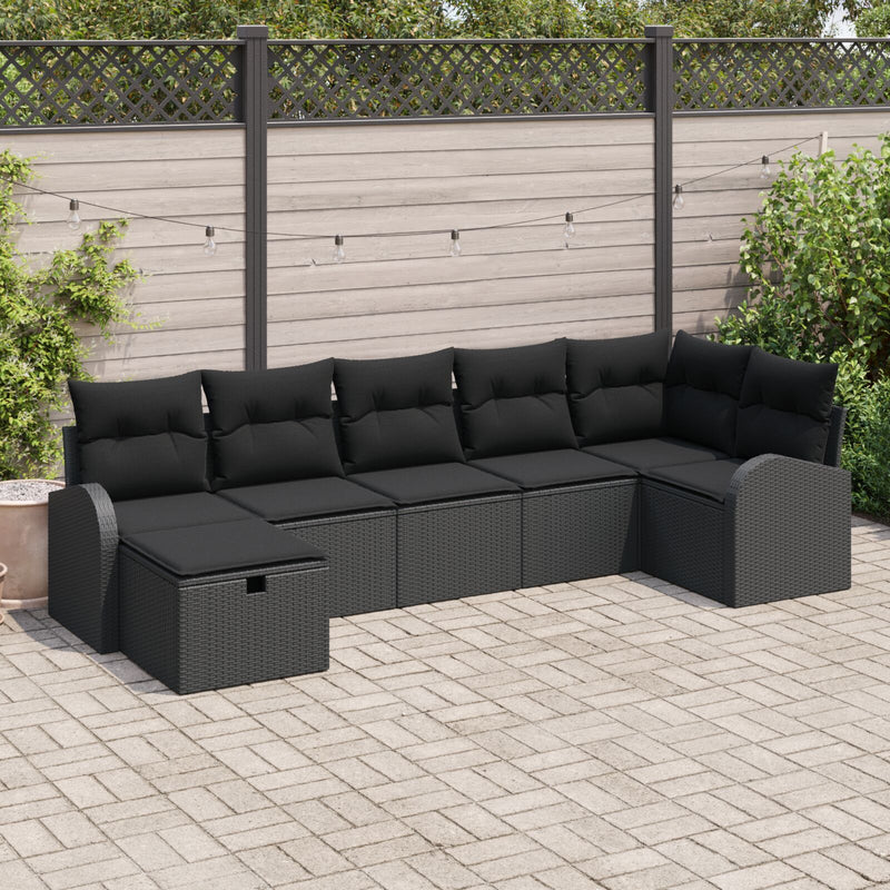 7 Piece Garden Sofa Set with Cushions Black Poly Rattan