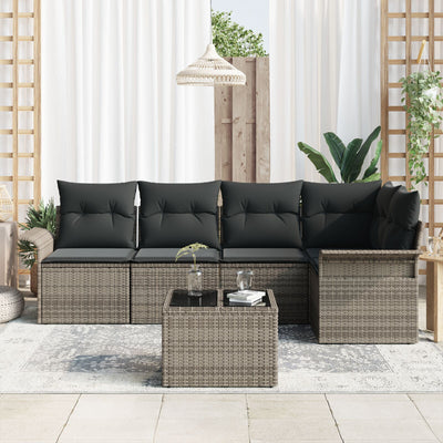 5 Piece Garden Sofa Set with Cushions Black Poly Rattan