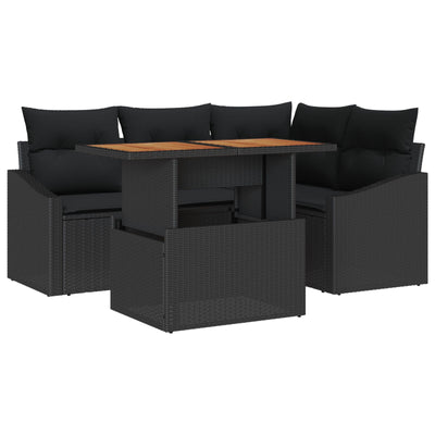 5 Piece Garden Sofa Set with Cushions Black Poly Rattan