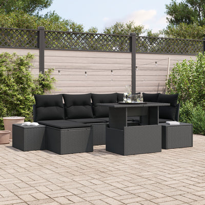 7 Piece Garden Sofa Set with Cushions Black Poly Rattan