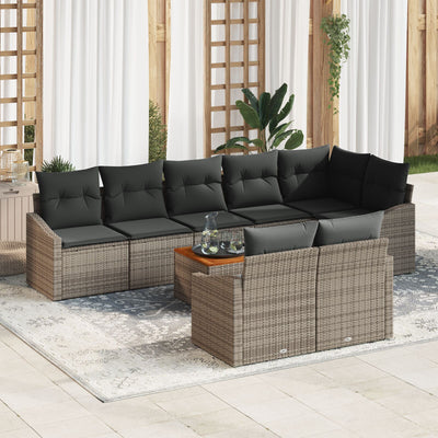 9 Piece Garden Sofa Set with Cushions Grey Poly Rattan Acacia