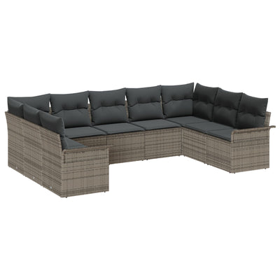 9 Piece Garden Sofa Set with Cushions Grey Poly Rattan