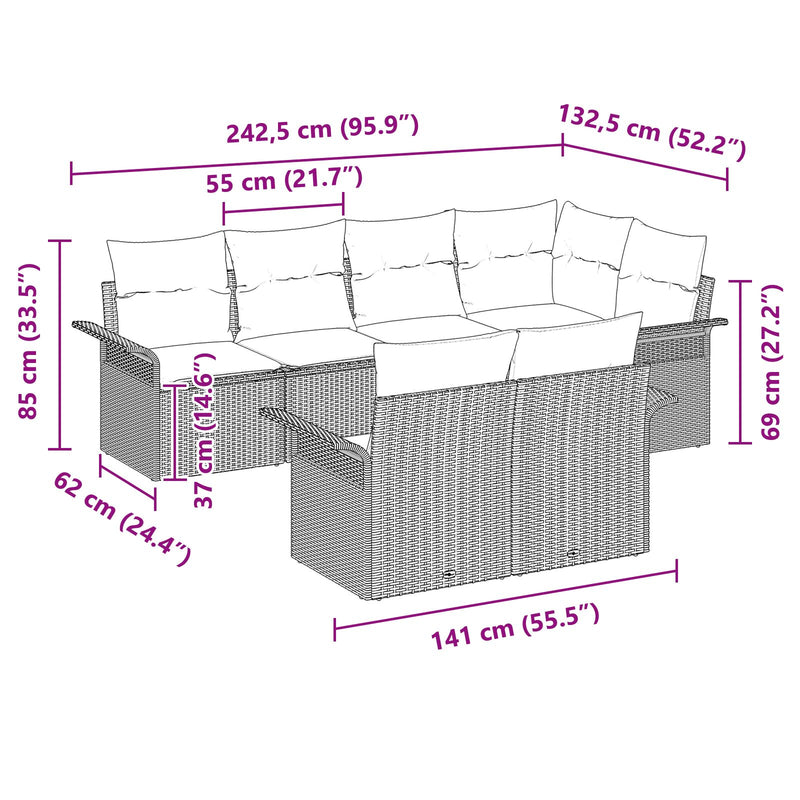 7 Piece Garden Sofa Set with Cushions Grey Poly Rattan