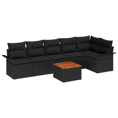 7 Piece Garden Sofa Set with Cushions Black Poly Rattan Acacia