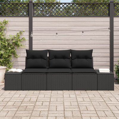3 Piece Garden Sofa Set with Cushions Black Poly Rattan