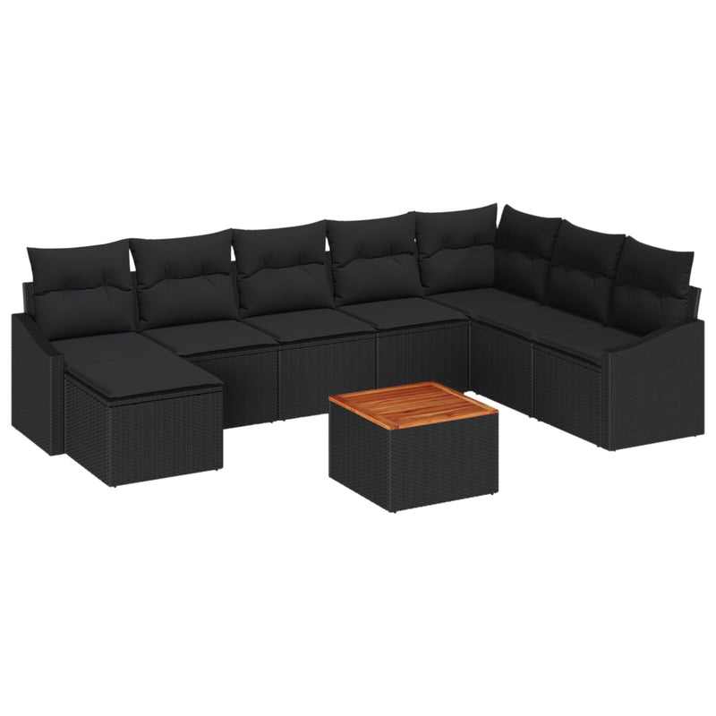9 Piece Garden Sofa Set with Cushions Black Poly Rattan Acacia
