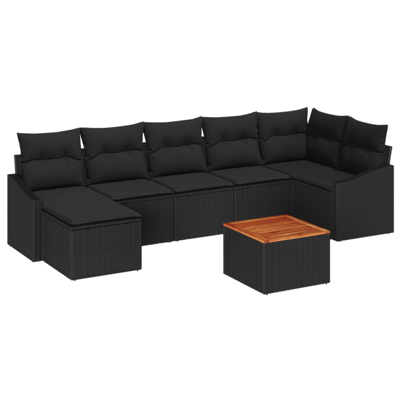 8 Piece Garden Sofa Set with Cushions Black Poly Rattan Acacia