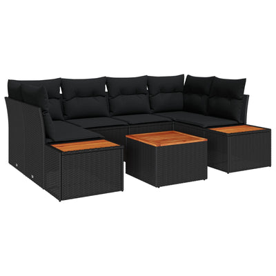 7 Piece Garden Sofa Set with Cushions Black Poly Rattan Acacia