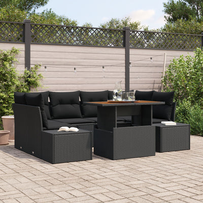 7 Piece Garden Sofa Set with Cushions Black Poly Rattan