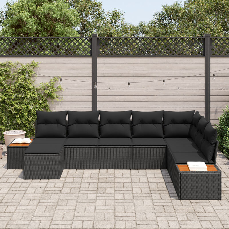 8 Piece Garden Sofa Set with Cushions Black Poly Rattan Acacia