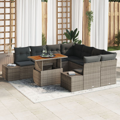 9 Piece Garden Sofa Set with Cushions Grey Poly Rattan
