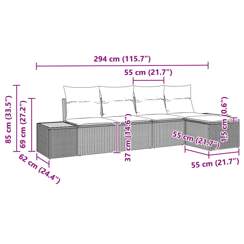 5 Piece Garden Sofa Set with Cushions Black Poly Rattan Acacia