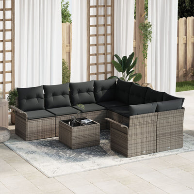 9 Piece Garden Sofa Set with Cushions Grey Poly Rattan