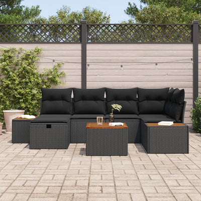 7 Piece Garden Sofa Set with Cushions Black Poly Rattan