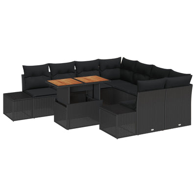 9 Piece Garden Sofa Set with Cushions Black Poly Rattan