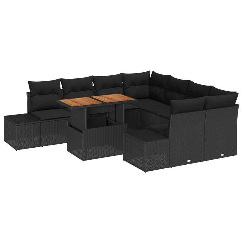 9 Piece Garden Sofa Set with Cushions Black Poly Rattan