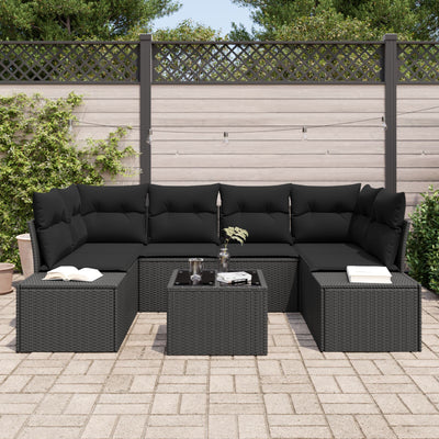 7 Piece Garden Couch Set with Cushions Black Poly Rattan