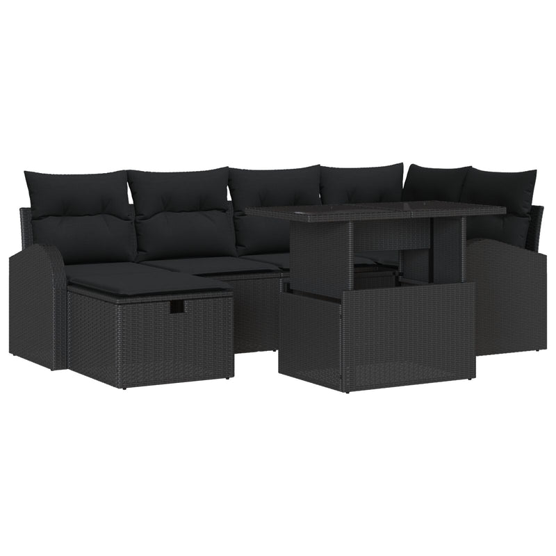 7 Piece Garden Sofa Set with Cushions Black Poly Rattan