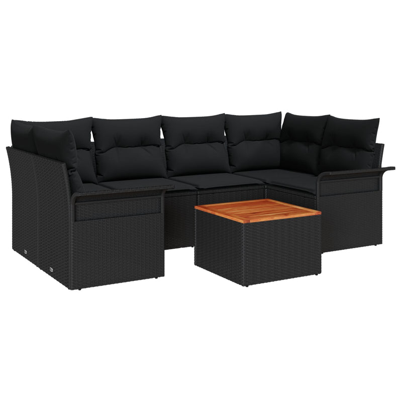 7 Piece Garden Sofa Set with Cushions Black Poly Rattan Acacia