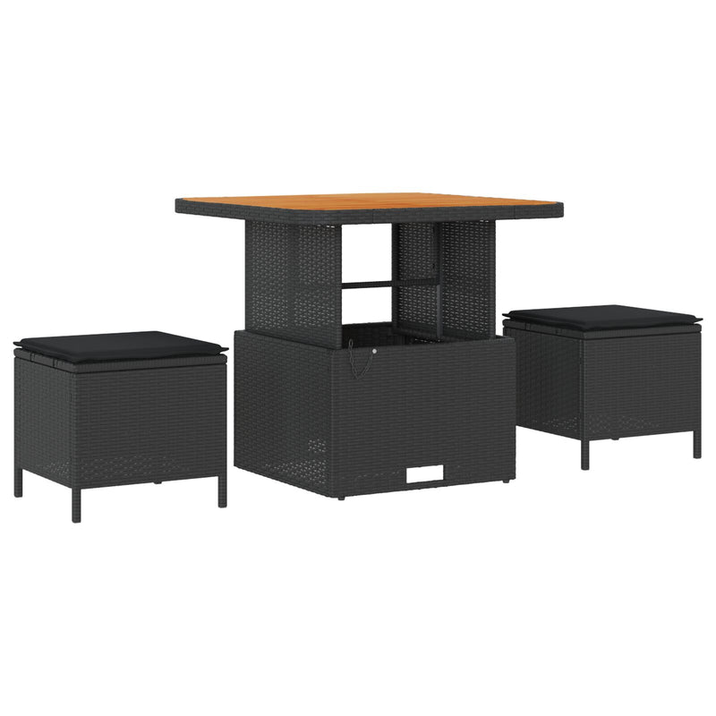 3 Piece Garden Dining Set with Cushions Black Poly Rattan Acacia