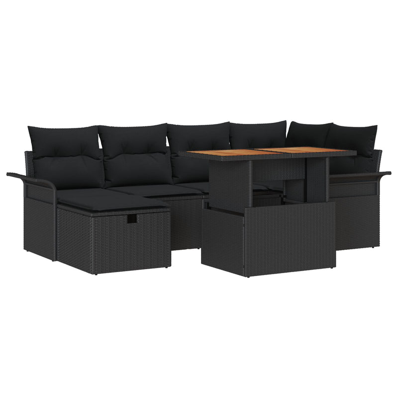 7 Piece Garden Sofa Set with Cushions Black Poly Rattan
