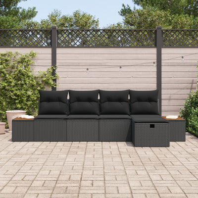 5 Piece Garden Sofa Set with Cushions Black Poly Rattan