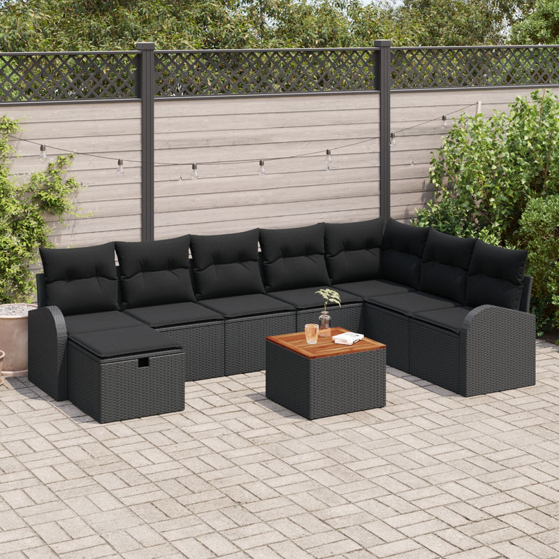 9 Piece Garden Sofa Set with Cushions Black Poly Rattan