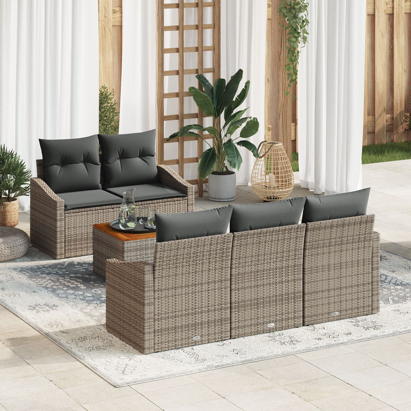 6 Piece Garden Sofa Set with Cushions Grey Poly Rattan Acacia