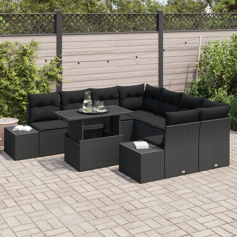 9 Piece Garden Sofa Set with Cushions Black Poly Rattan
