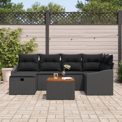 7 Piece Garden Sofa Set with Cushions Black Poly Rattan