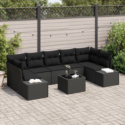 8 Piece Garden Sofa Set with Cushions Black Poly Rattan