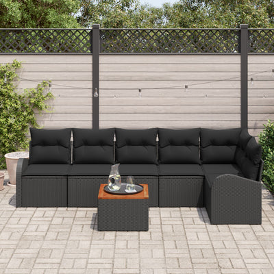 7 Piece Garden Sofa Set with Cushions Black Poly Rattan Acacia