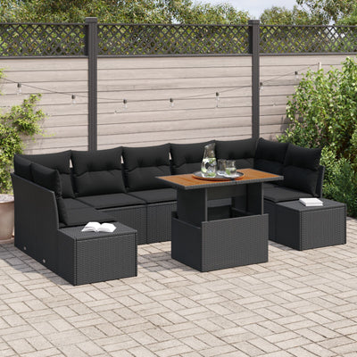 8 Piece Garden Sofa Set with Cushions Black Poly Rattan