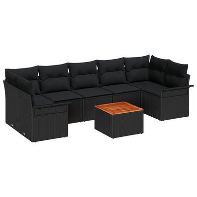 8 Piece Garden Sofa Set with Cushions Black Poly Rattan Acacia