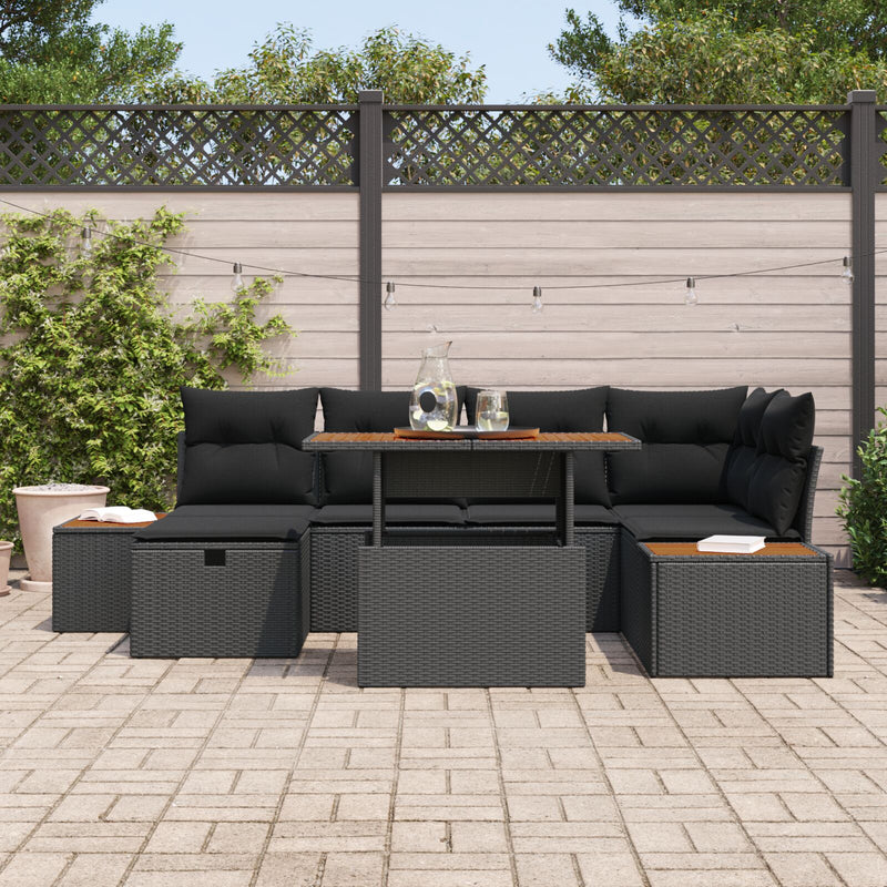 7 Piece Garden Sofa Set with Cushions Black Poly Rattan