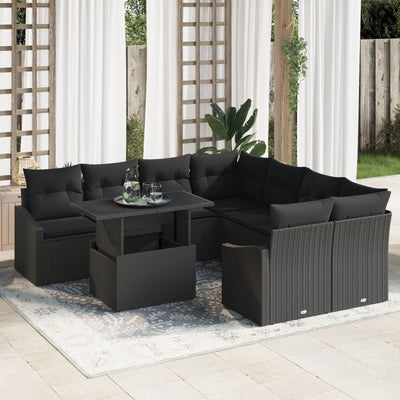 9 Piece Garden Sofa Set with Cushions Black Poly Rattan