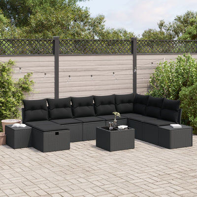 9 Piece Garden Sofa Set with Cushions Black Poly Rattan