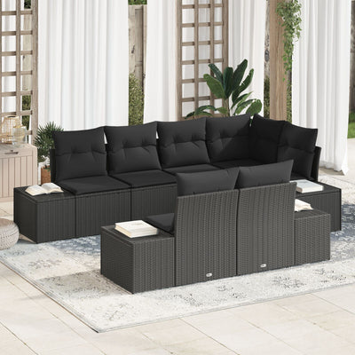 7 Piece Garden Sofa Set with Cushions Black Poly Rattan