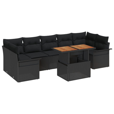 8 Piece Garden Sofa Set with Cushions Black Poly Rattan Acacia