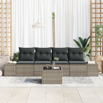 5 Piece Garden Sofa Set with Cushions Grey Poly Rattan