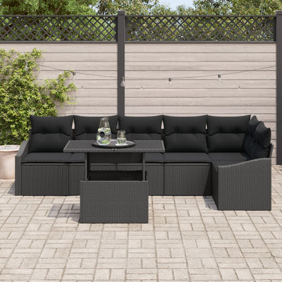 7 Piece Garden Sofa Set with Cushions Black Poly Rattan
